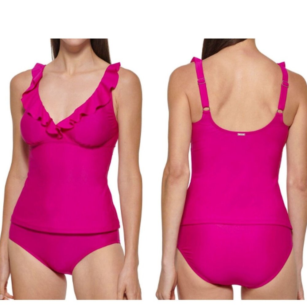 DKNY V-Neck Ruffle Tankini Pink Swimsuit Set Full Coverage Bottom Size Large - Picture 3 of 10